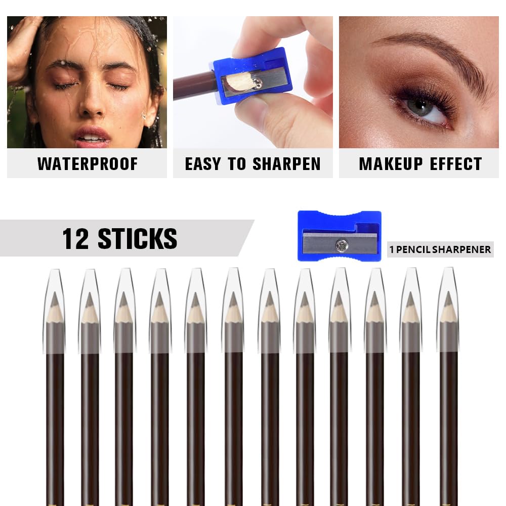 12Pcs Eyebrow Pencils for Women,Wooden Hard-Core Medium Brown Eyebrow and Eyeliner Pencil,Long Lasting Waterproof and Sweat-Proof,Beginner Makeup Brow Pencil,Create a Natural Eye Brow Makeup,Vegan
