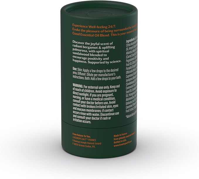 LIVEDROPS 24/7 Good Essential Oil Blend - Bergamot, Palmarosa & Sandalwood – Natural Aromatherapy for Positivity & Focus – Crafted in France by Perfumers – Skin-Safe & Diffuser Compatible