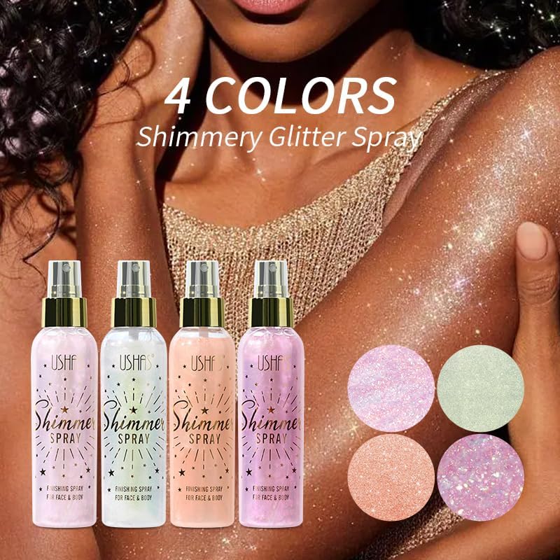 USHAS Body Glitter Spray 3.72 fl.oz - Temporary Body Shimmer Spray for Face, Hair, Clothing, Long Lasting Quick-Drying Shiny for Music Festival Rave (01)