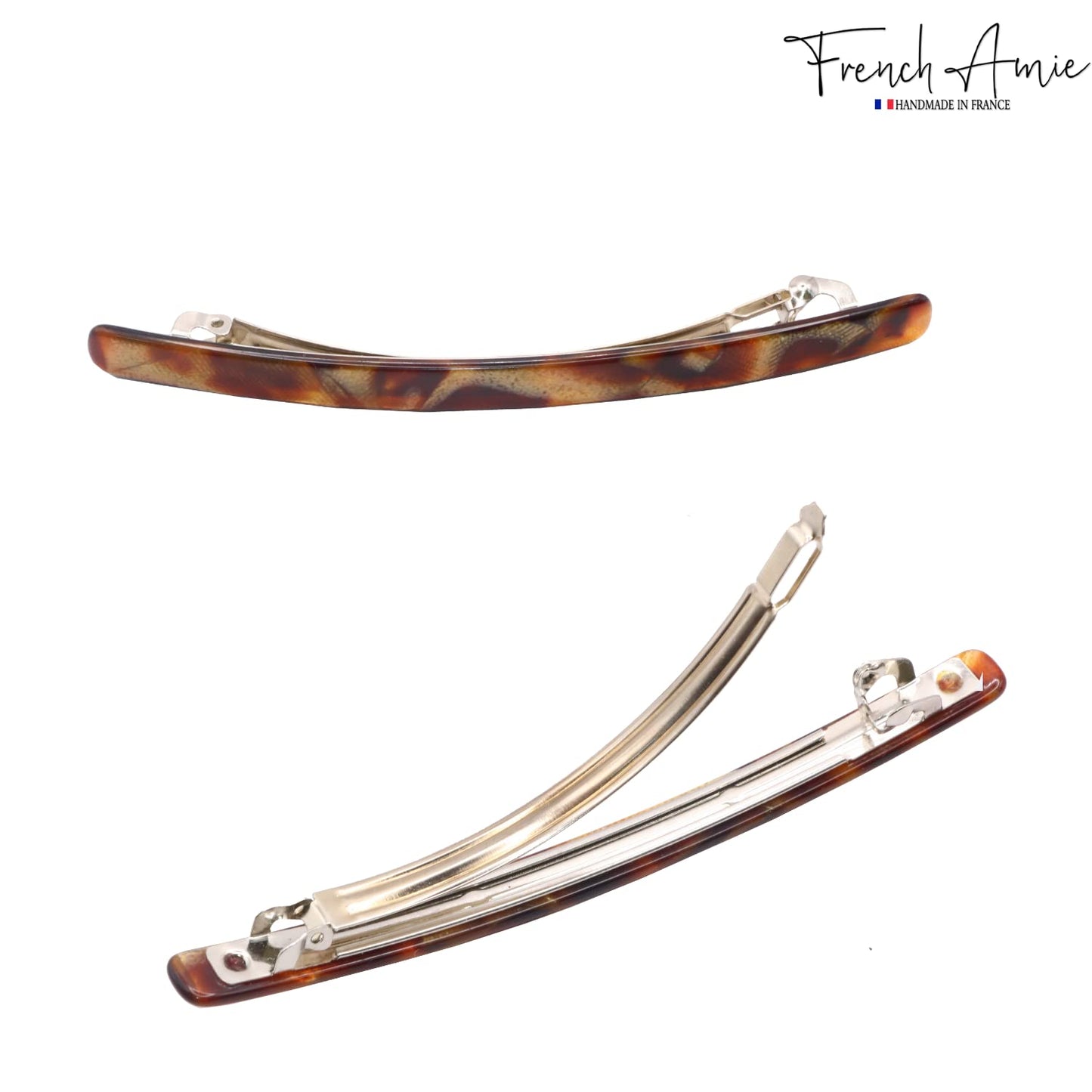 French Amie Long and Thin Caramel Large 4” Handmade Celluloid Automatic Sleek Hair Clip Barrette for Women and Girls (Caramel)