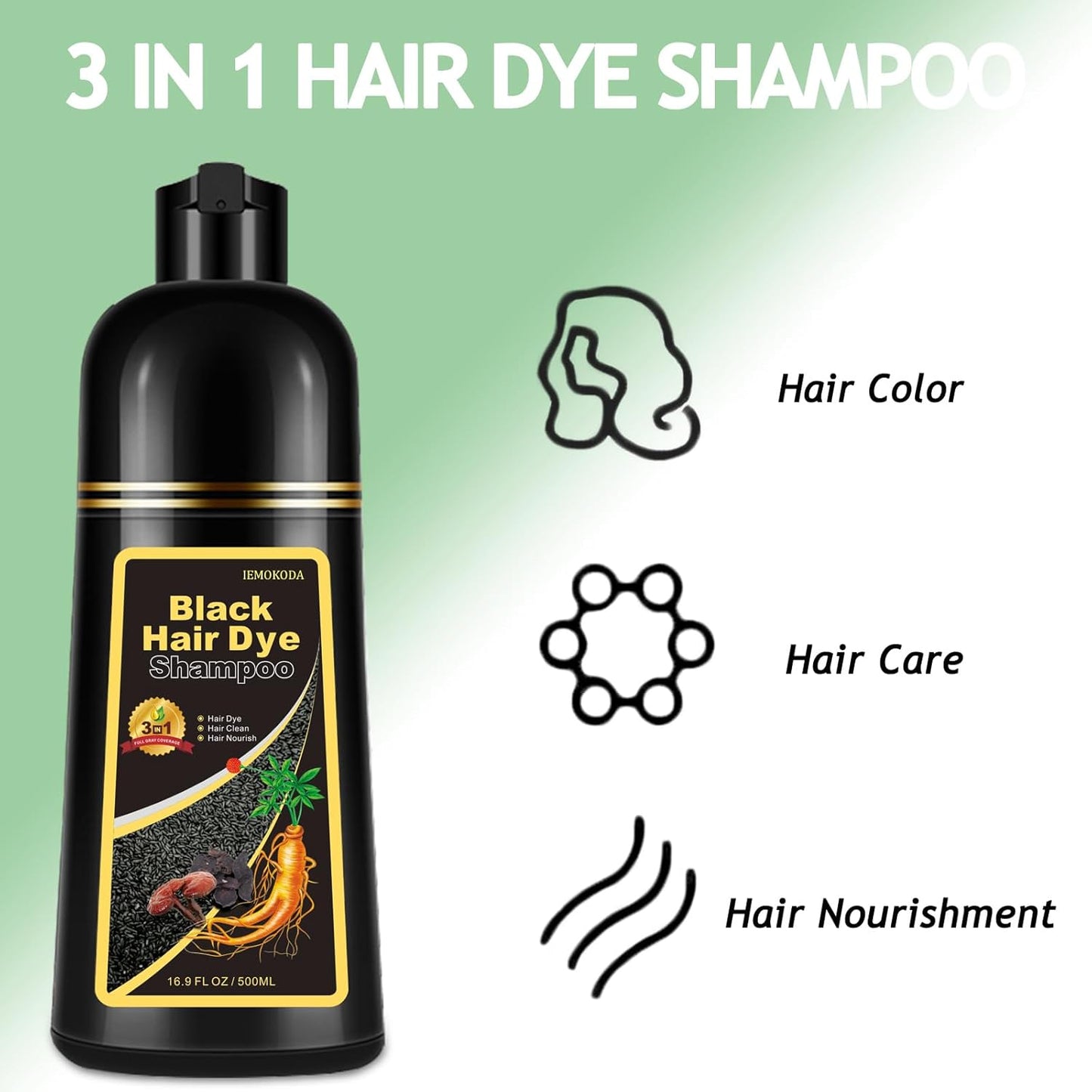 Natural Black Hair Shampoo, Hair Dye Shampoo 3 in 1, Shampoo Para Canas for Men Women, Hair Dye 100% Gray Coverage for All Hair Types 16.9 Fl Oz (Black)