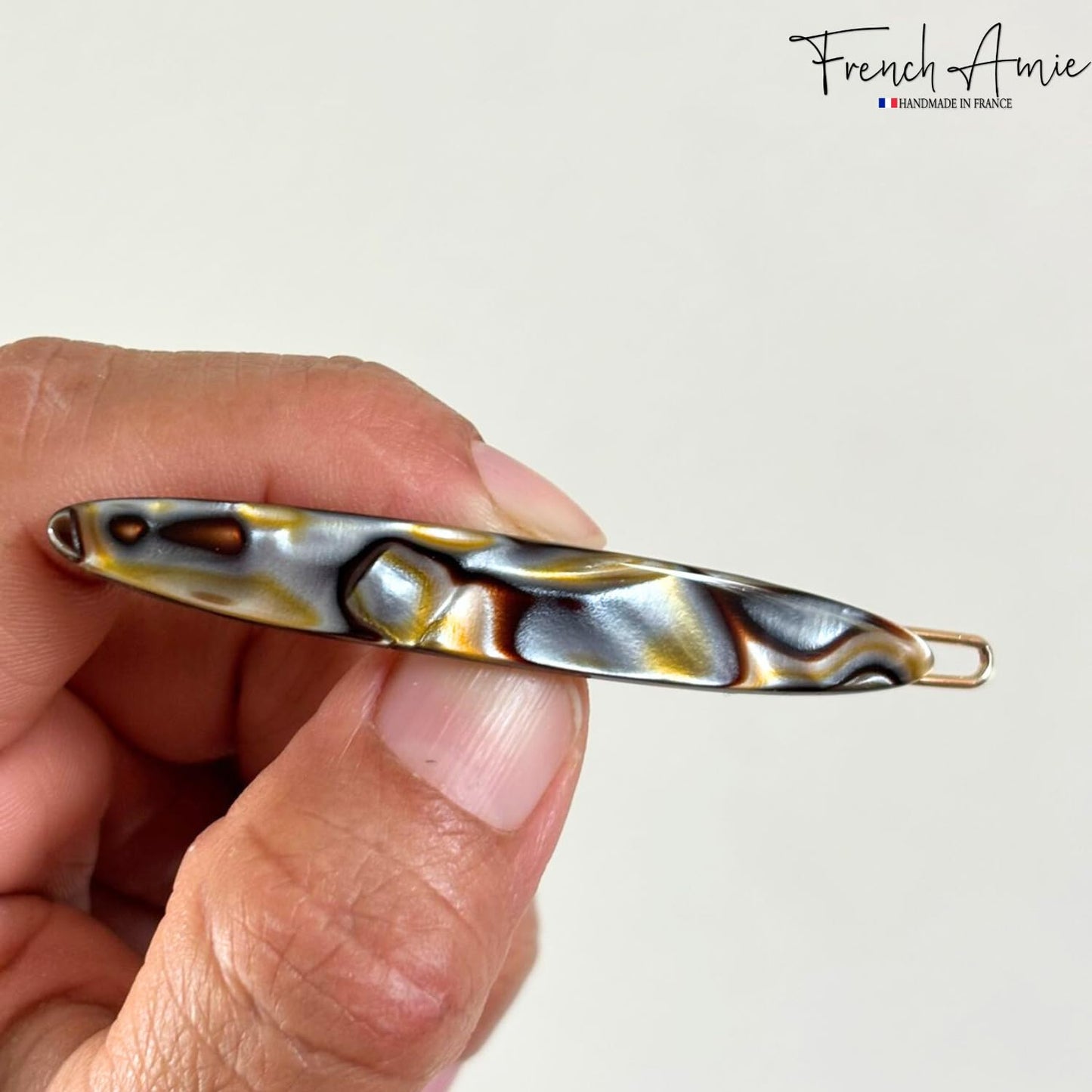 French Amie Narrow Oblong Small 2 1/4" Celluloid Acetate Set of 2 Side Slide In Hair Clip Barrettes with Tige Boule Clasp for Girls and Women, Made in France (Onyx Silver Grey)