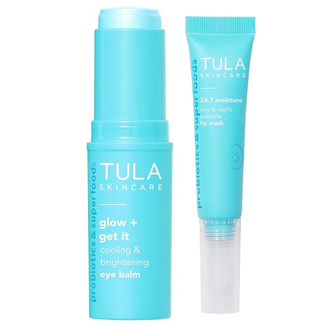 TULA Skin Care Drenched in Hydration - 24-7 Moisture Day & Night Peptide Lip Mask 0.28oz & Glow + Get It Cooling & Brightening Eye Balm 0.35 oz, Full-Size, 2 Piece Duo