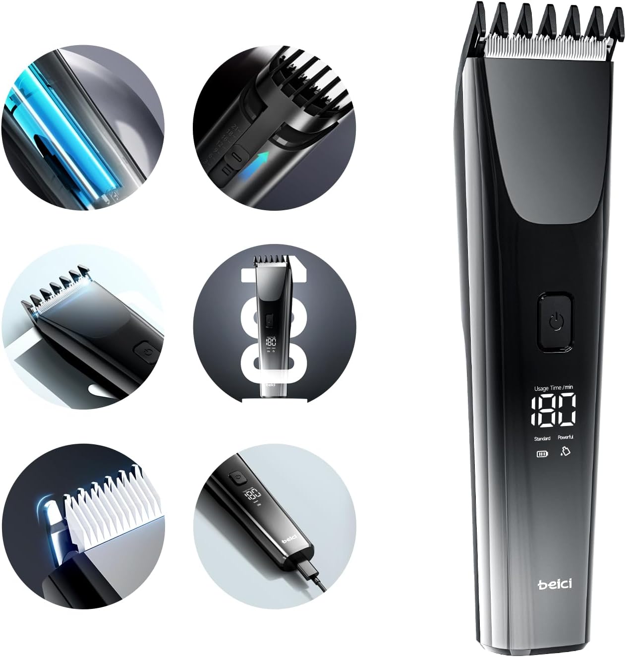 Hair Clippers for Men and Kids Adjustable Length Trimmer Haircut Professional Haircuts Tool Grooming 6 Kit LED Screen Display Fast Charge for Family Black