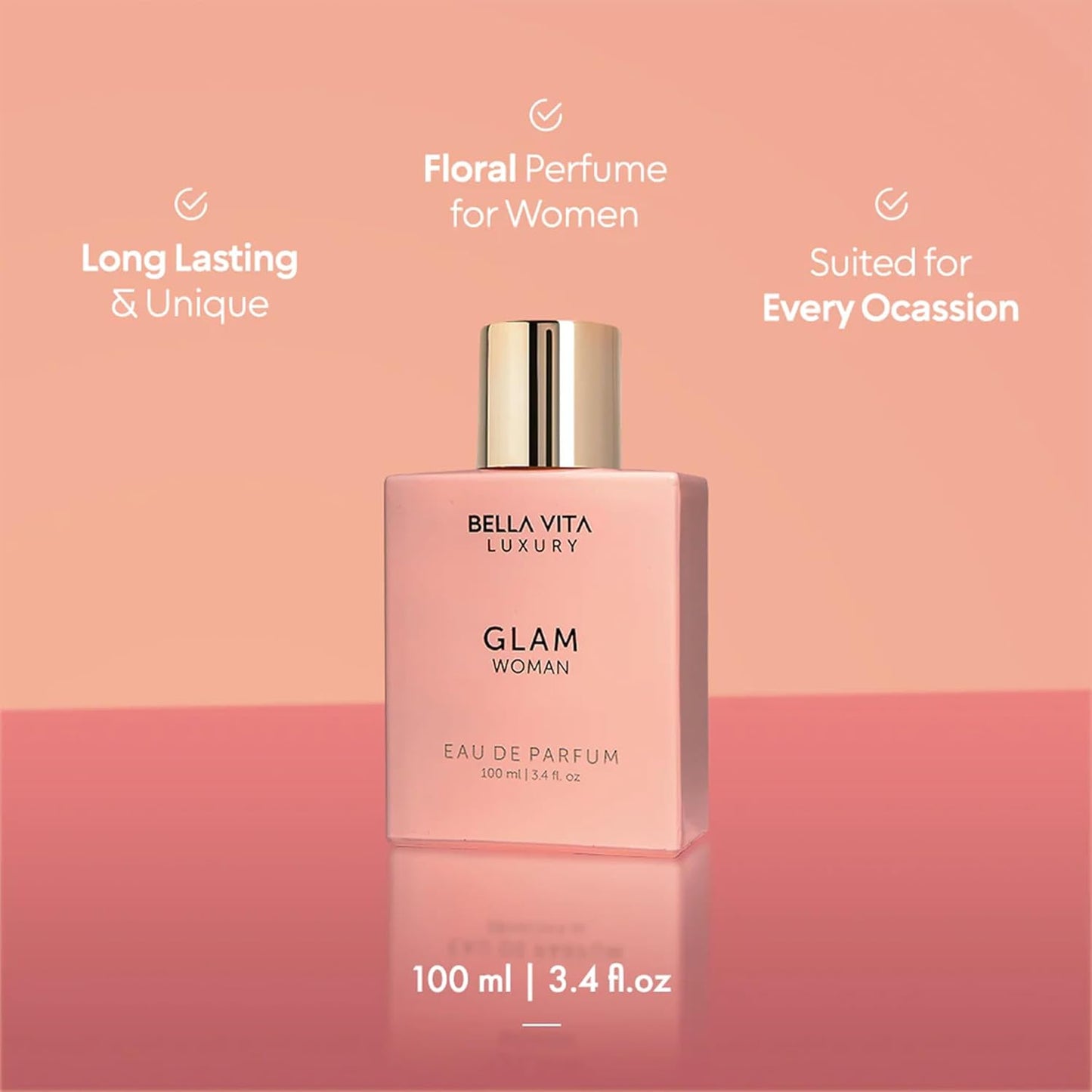 BellaVita Luxury GLAM Perfume for women | Notes of African Orange, Jasmine & Patchouli | Long-Lasting Floral & Woody Fragrance | Premium Perfume Oil imported from France, 100ml