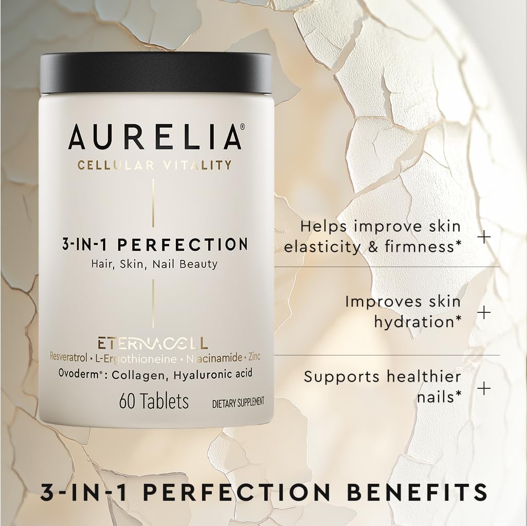 AURELIA 3-in-1 Perfection | Advanced Cellular Anti-Aging Supplement | Boost Collagen Production & Strengthen Hair, Skin, Nails | with Zinc, Resveratrol, Niacinamide & Ergothioneine