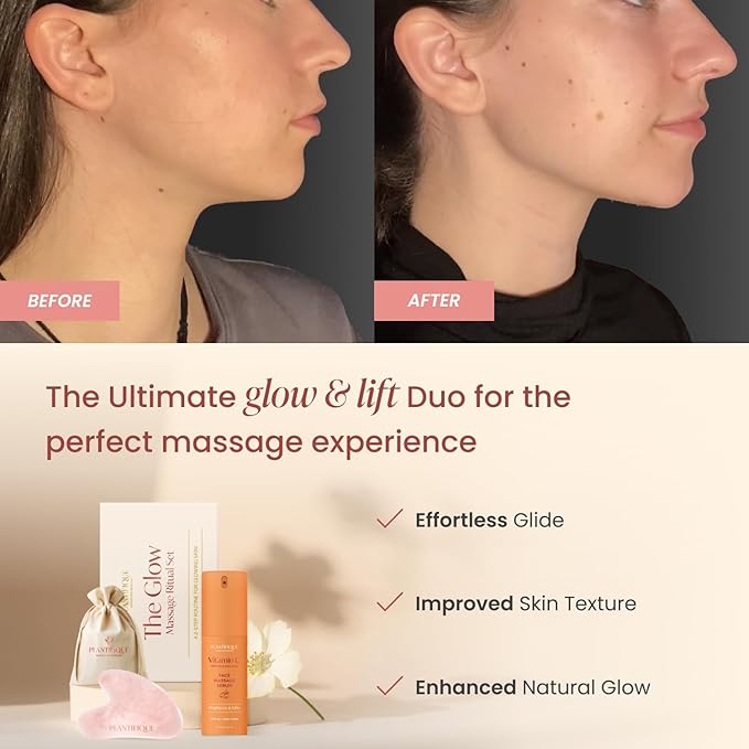 PLANTIFIQUE Massage Ritual Set Premium Certified Rose Quartz Gua Sha + Vitamin C Serum Skin Care Set, Birthday Gifts for Women, Teens, Mom, Brides
