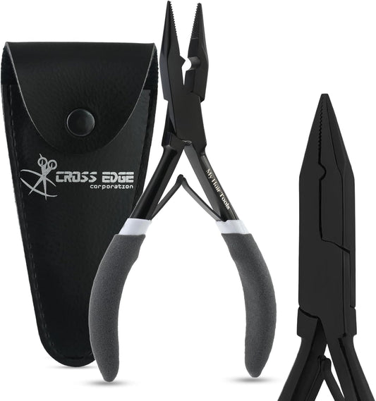 Professional Hair Extension Tools Microlink Bead Remover Plier for Hair Extensions Removal Micro Ring Beads Opener 5.5 Inch Pliers Silver Polish Stainless Steel (Black Gray Foam Applicator)