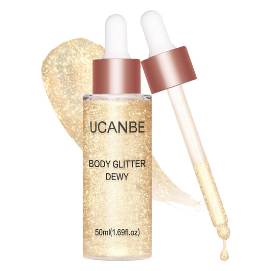 UCANBE Hydrating Body Shimmer Face Glitter Highlighter Makeup Liquid Glow Lotion for Women Holographic Luminizer for Hair for Valentine's Day Gifts (Champagne Gold - 01)