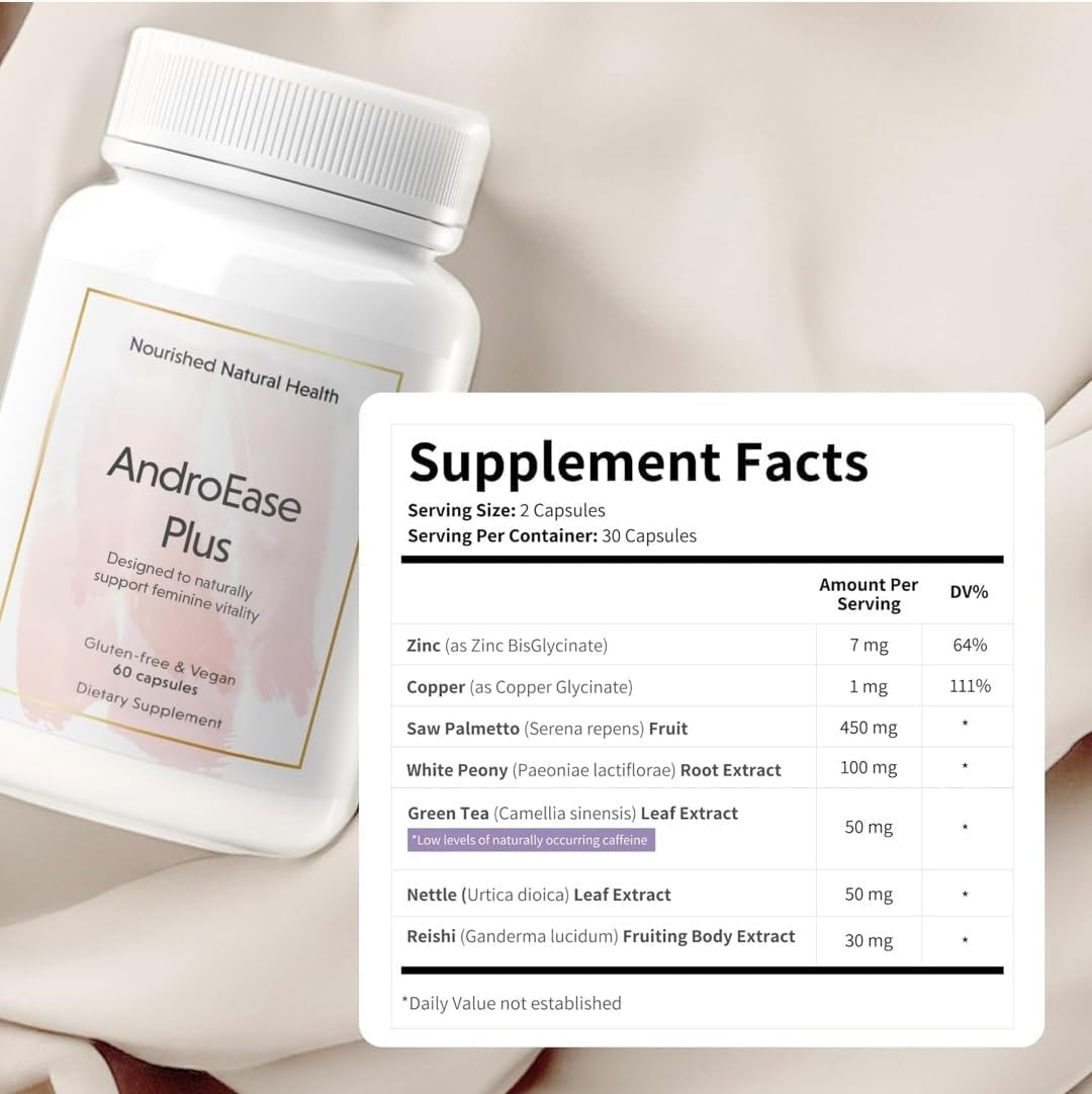 Nourished AndroEase Plus - Vegan Hormone Balance for Women - Zinc, Reishi, Green Tea and Saw Palmetto for Women - for Energy, Vitality, Facial Hair and Daily Wellness - 120 Capsules, Made in USA