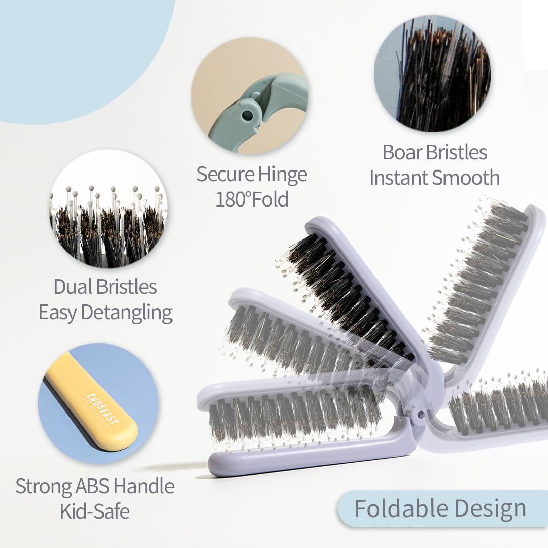 Uffy MiniPop Travel Hair Brush – Mini Folding Boar Bristles for Women, Men & Kids | Kid-Friendly Portable Purse Brush for Wet & Dry Hair, Curly or Straight | Pocket-Size Detangler – Lavender