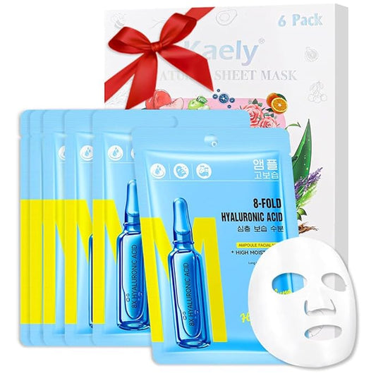 Hyaluronic Acid Face Sheet Mask Skincare,Hydrating Spa Face Mask For Sensitive Skin,Moisturize,Nourish for All Skin Types,Natural Skin Care Spa Face Mask for Women Men Girls,Pack of 6