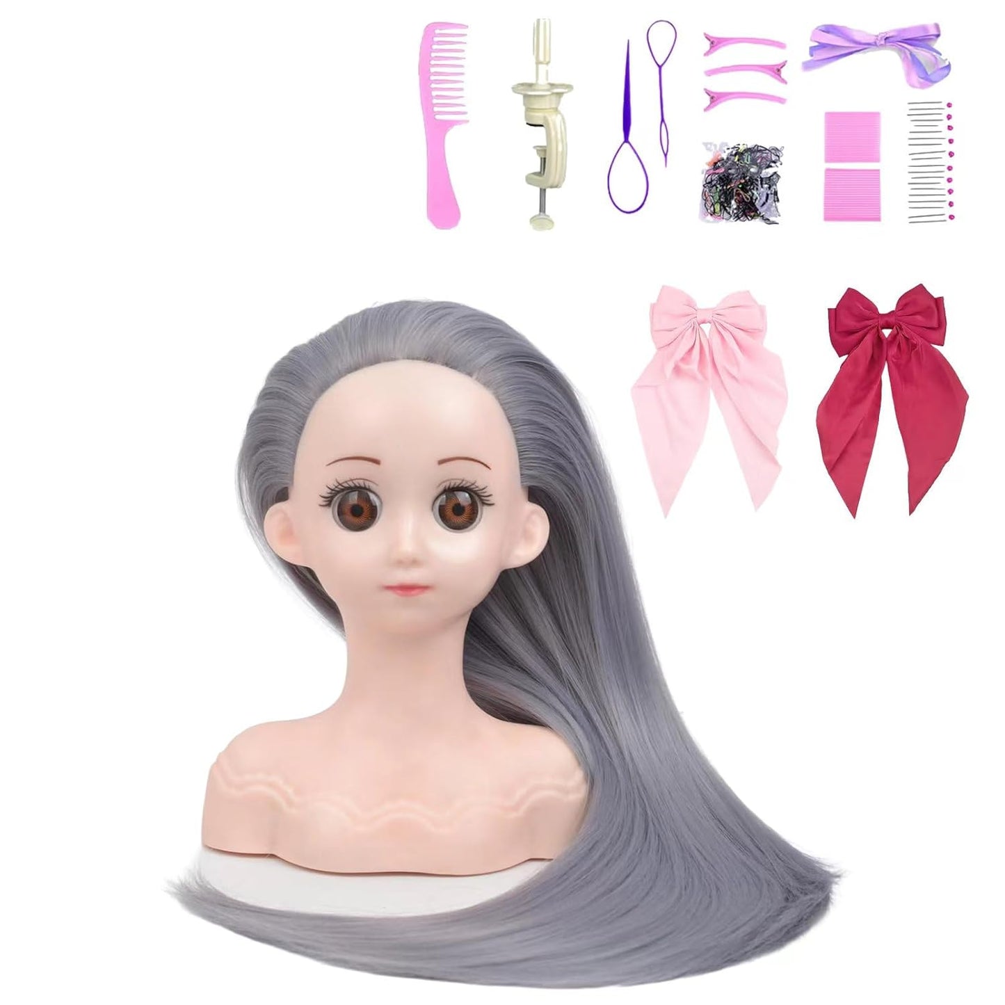 Small Doll Head For Hair Styling,Mini Synthetic Mannequin Head,Doll Head With Clamp Holder & Tools, Practice Doll Head For Hair Braiding,Styling and Cutting with Two Bows (Grey)