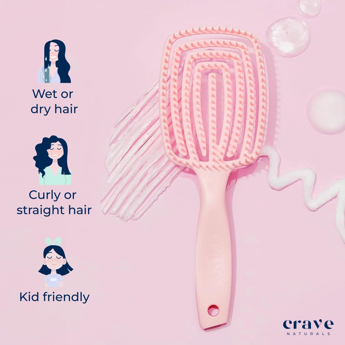 Crave Naturals FLEX DMC Detangling Brush for Thick Hair - Glide Thru Detangling Brush - Hair Brush Detangler for All Hair Types - Flexible Layers Square Paddle Hairbrush - Pink - Comfort Grip