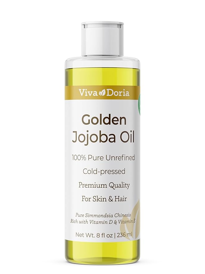 Viva Doria Golden Jojoba Oil - 8 fl oz for Hair, Skin, Nails, and More - 100% Pure Unrefined, Deeply Moisturizing Anti-Aging Oil for Men and Women