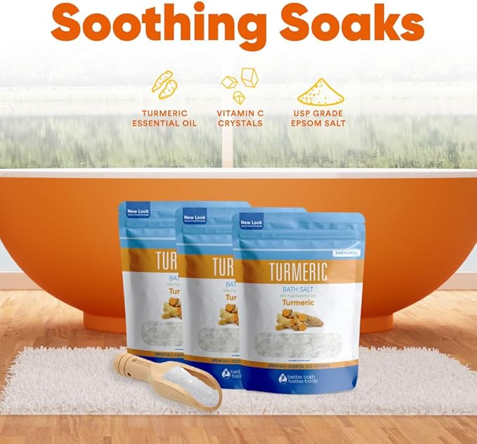 Turmeric Bath Salt (3 Pack with Scoop 6 Lbs Total) Total Bath Aromatherapy Pure Essential Oils in BPA Free Pouch with Press Lock Seal Made in USA Three 2 Lbs Bundle