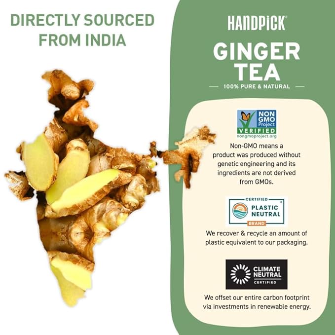 HANDPICK, Organic Ginger Tea Bags (100 Herbal Tea Bags), Caffeine Free & 100% Pure Ginger Root |Soothing & Spicy Blend | Round Eco Conscious Teabags