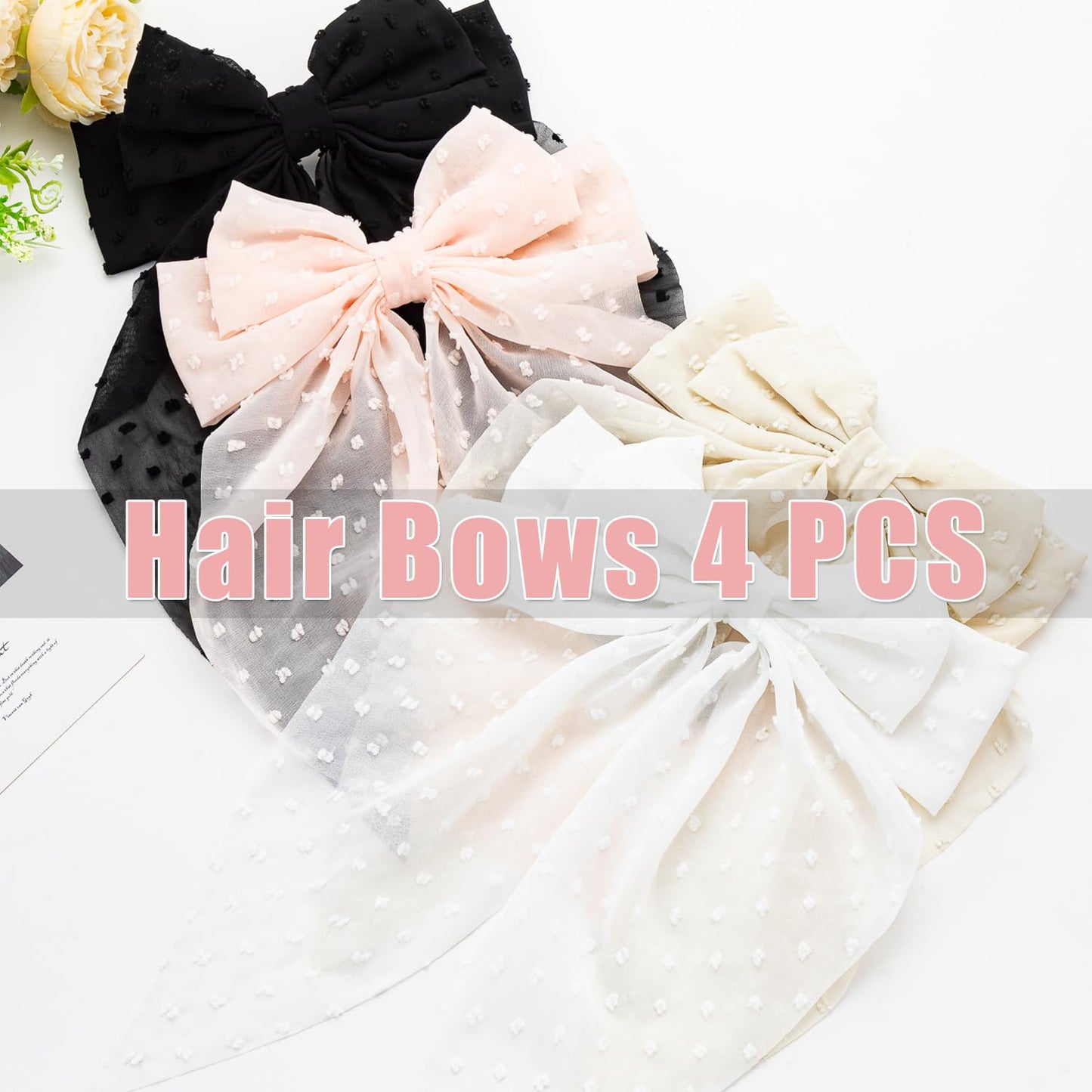 Large Hair Bows 4 PCS - Cute Oversized Ribbon Bows for Women in Beige, Light Pink, White, Black - Hair Barrettes for Different Occasions