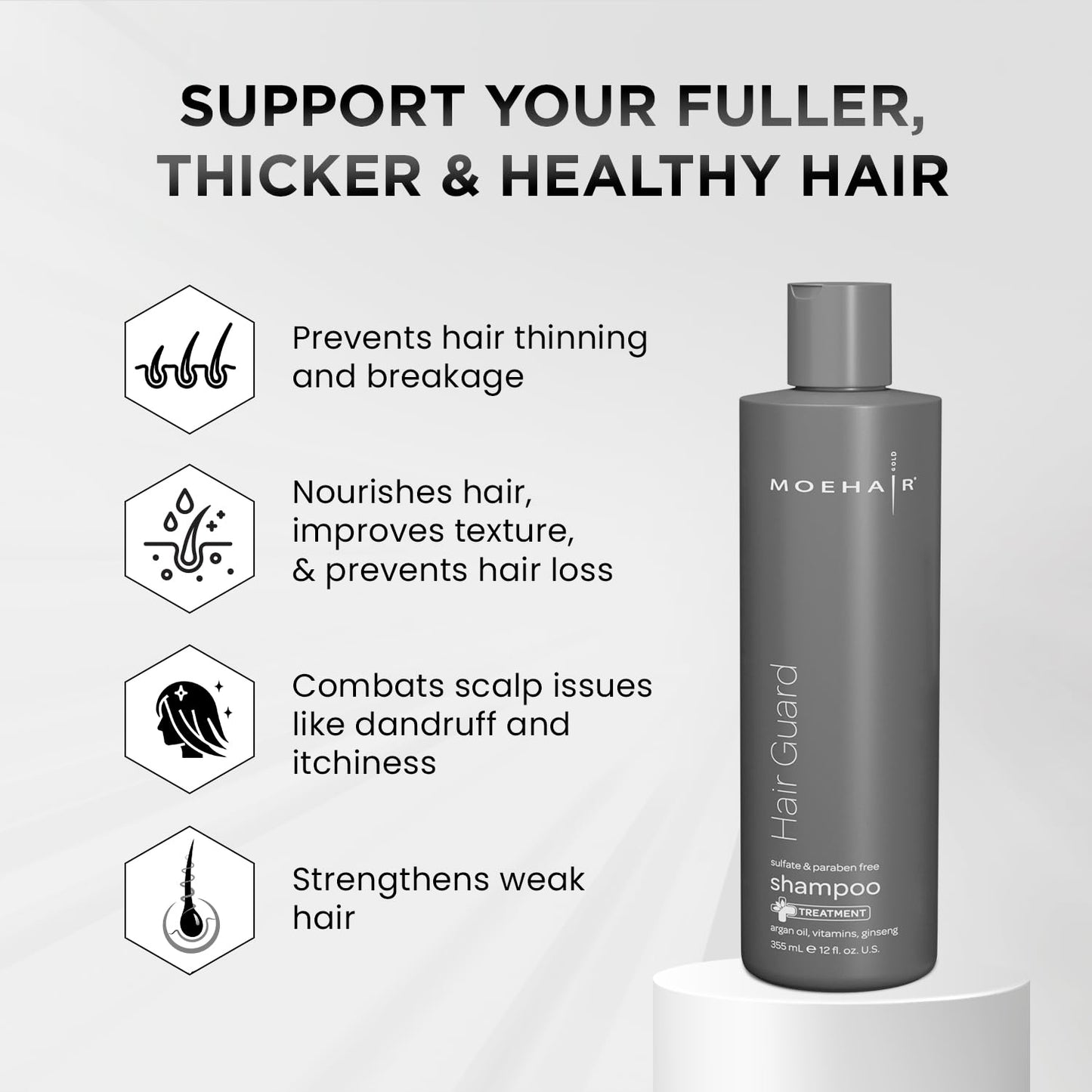 MOEHAIR Hair Guard Shampoo | Stimulates Hair Follicles | Hair Thickening and Volumizing Shampoo | Infused with Argan Oil, Ginseng & Vitamins | Paraben & Sulfate Free (12 Fl. Oz)