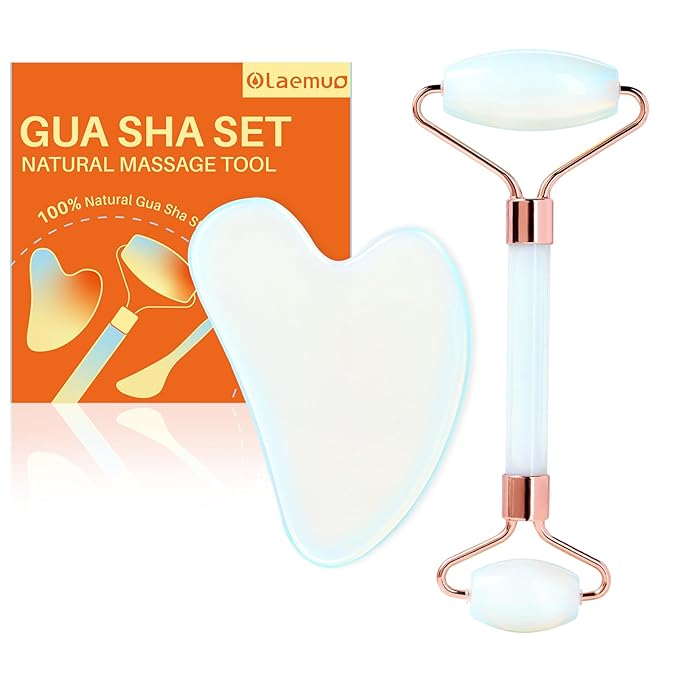 Opal Gua Sha and Face Roller, Real Jade Gua-Sha Stone Facial Tools Set for Reduce Puffiness, Body Guasha Tool for Relieve Neck Tension, SinkCare Beauty Massager as Present for Women,Opal