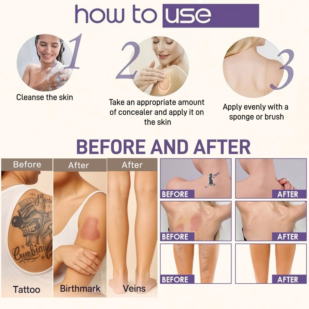 Waterproof Body Concealer with Brush – Waterproof Full Coverage Body Foundation for Scars, Stretch Marks & Tattoos – Streak-Free Leg & Arm Makeup for Even Skin Tone and Natural Radiant Finish