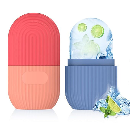2pcs Ice Roller for Face and Eye, Silicone Ice Facial Roller Ice Holder, Face Ice Mold Skin Care, Face Icers Reusable Ice Cube Roller for Shrink Pores Anti Wrinkle Reduce Puffiness, Pink Blue
