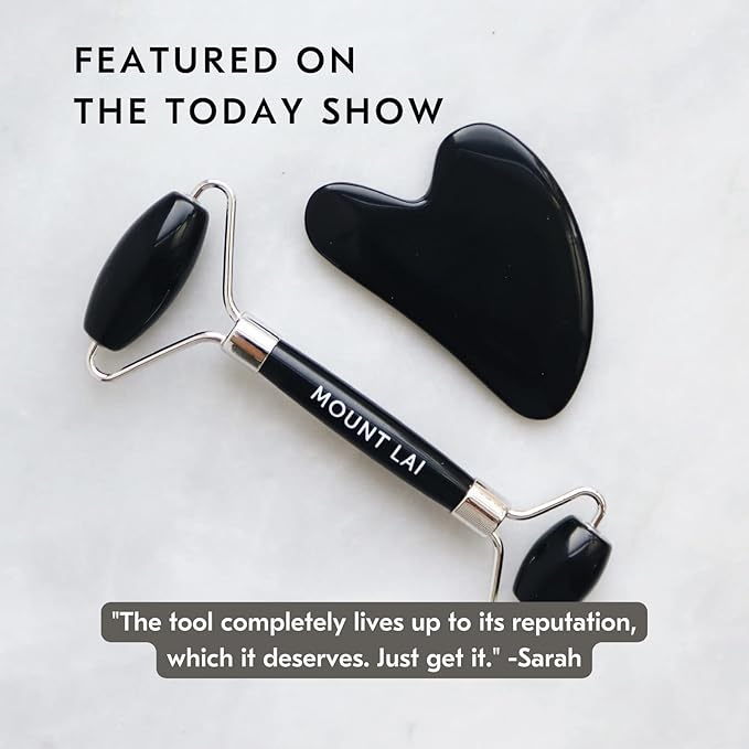 Mount Lai Black Obsidian Facial Spa Set, Black Obsidian Gua Sha Facial Tools Set and Roller, Guasha Tool for Face to Relieve Muscle Tension and Reduce Puffiness, Anti Aging Skin Care Sets for Women