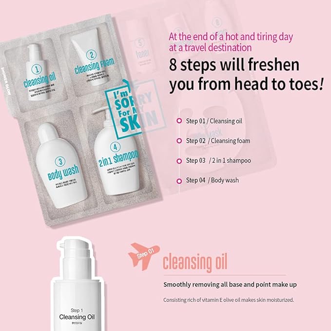 I'M SORRY FOR MY SKIN 8-Step Skincare Travel Essentials Kit, Korean Skin Care Set All in 1, Face Wash, Body Cleansing, Face Moisturizer, Girls Trip and Gift for Women, 8 Products in One (3 set)