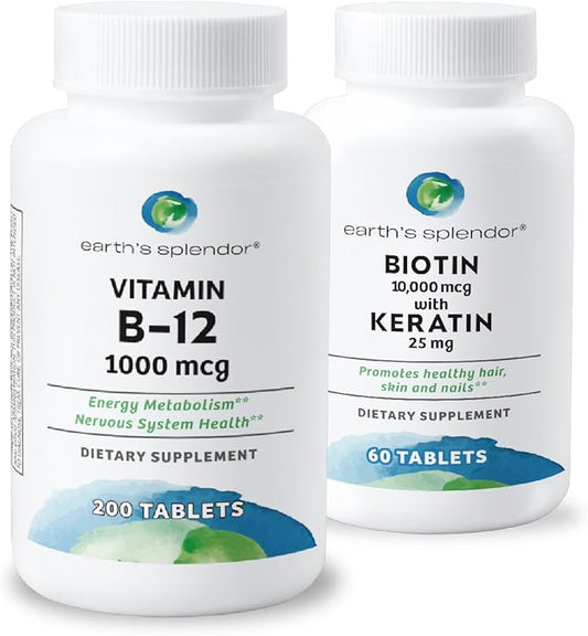 Earth's Splendor Energy & Hair Support: Vitamin B12 (200 Tablets) + Biotin 10,000 mcg & Keratin 25mg (60-Day Supply) - Boosts Energy, Hair, Nails & Skin - No Artificial Colors, Gluten Free