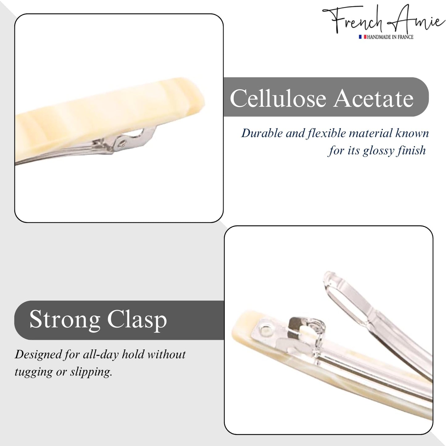 French Amie Long and Thin Large 4" Handmade Celluloid Hair Barrette Clip for Girls Automatic Strong Hold Hair Clips for Women No Slip Durable Paris Hair Accessories, Made in France (Cream Nougat)