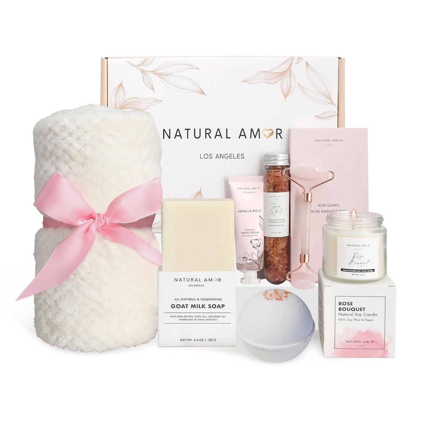 Natural Amor Spa Gift Set with Blanket 7 PCs– Handmade Bath & Body Self-Care Box – Includes Bath Bomb, Candle, Soap, Hand Cream – Perfect for Relaxation & Gifting