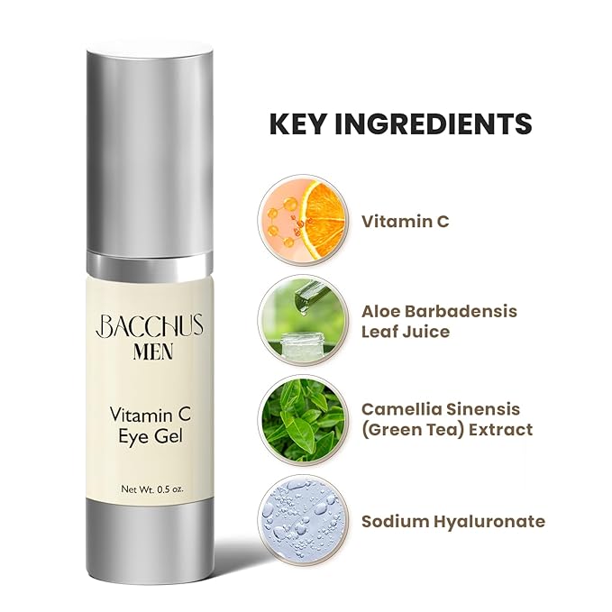 Bacchus Men Vitamin C Eye Gel, Reduce Dark Circles, Spots and Eye Puffiness - Anti Aging Treatment Nourishes, Revitalizes, Soothes, and Refreshes the Look of Your Eye Area | Made in USA | 0.5 oz