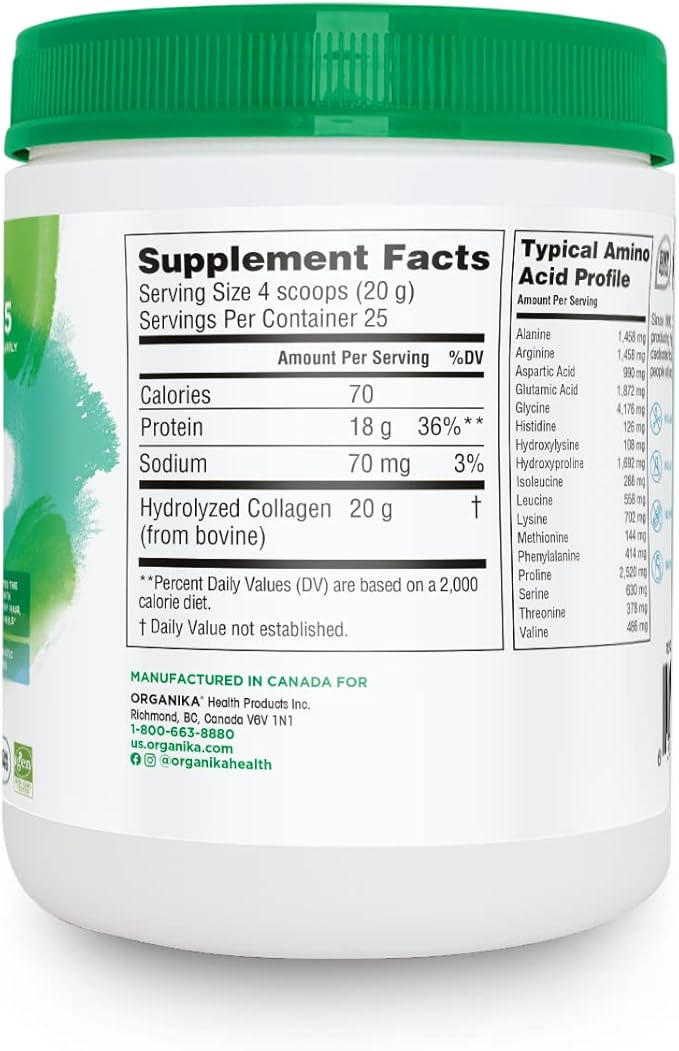 Organika Enhanced Hydrolyzed Collagen Peptides Powder: Easy Absorption Unflavored Collagen Powder for Skin, Hair, Nails, Joints, Muscles, & Gut - Keto, GMO-Free, Grass-Fed - 25 Day Supply