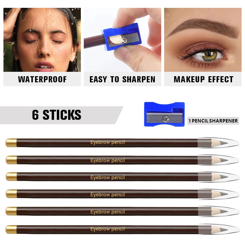 6Pcs Long Eyebrow Pencils Set, Dark Coffee Natural Look, for Eyebrows & Eyeliner,Waterproof & Sweat-Proof Wooden Hard-Core Brow Pencil with Sharpener,Long Lasting Makeup Kit for Beginners 102#