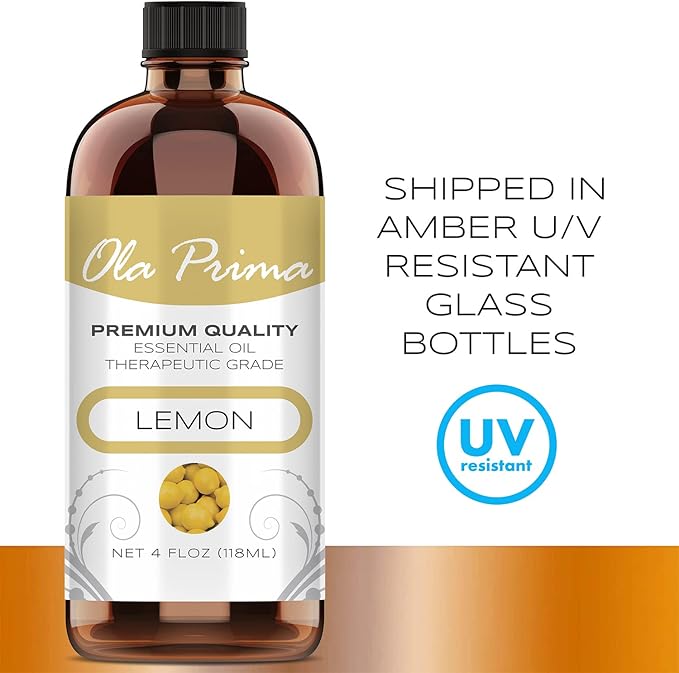 Ola Prima Lemon Essential Oil - Therapeutic Grade for Aromatherapy, Diffuser, Skin, Hair, Cleaning with Dropper – 4 fl oz
