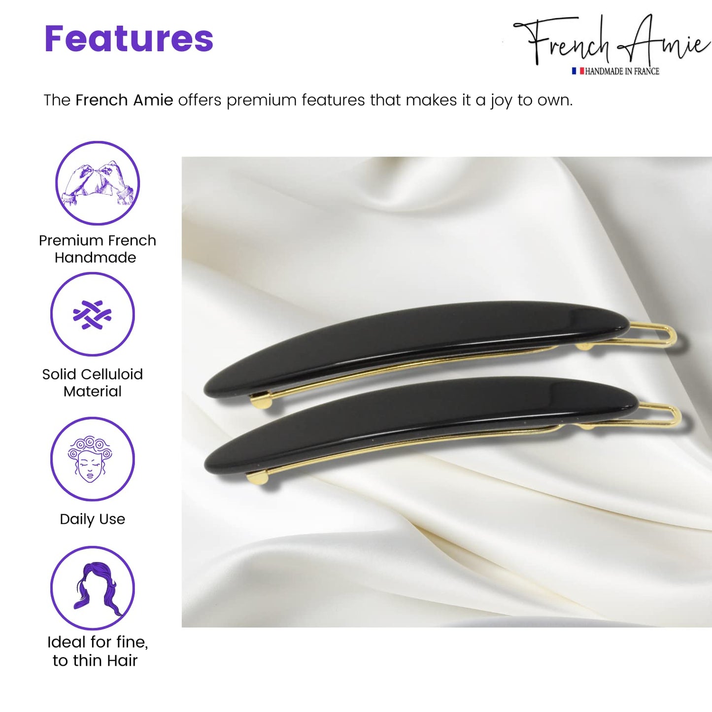 French Amie Narrow Oblong Small 2 1/4" Celluloid Acetate Set of 2 Side Slide In Hair Clip Barrettes with Tige Boule Clasp for Girls and Women, Made in France (Solid Black)