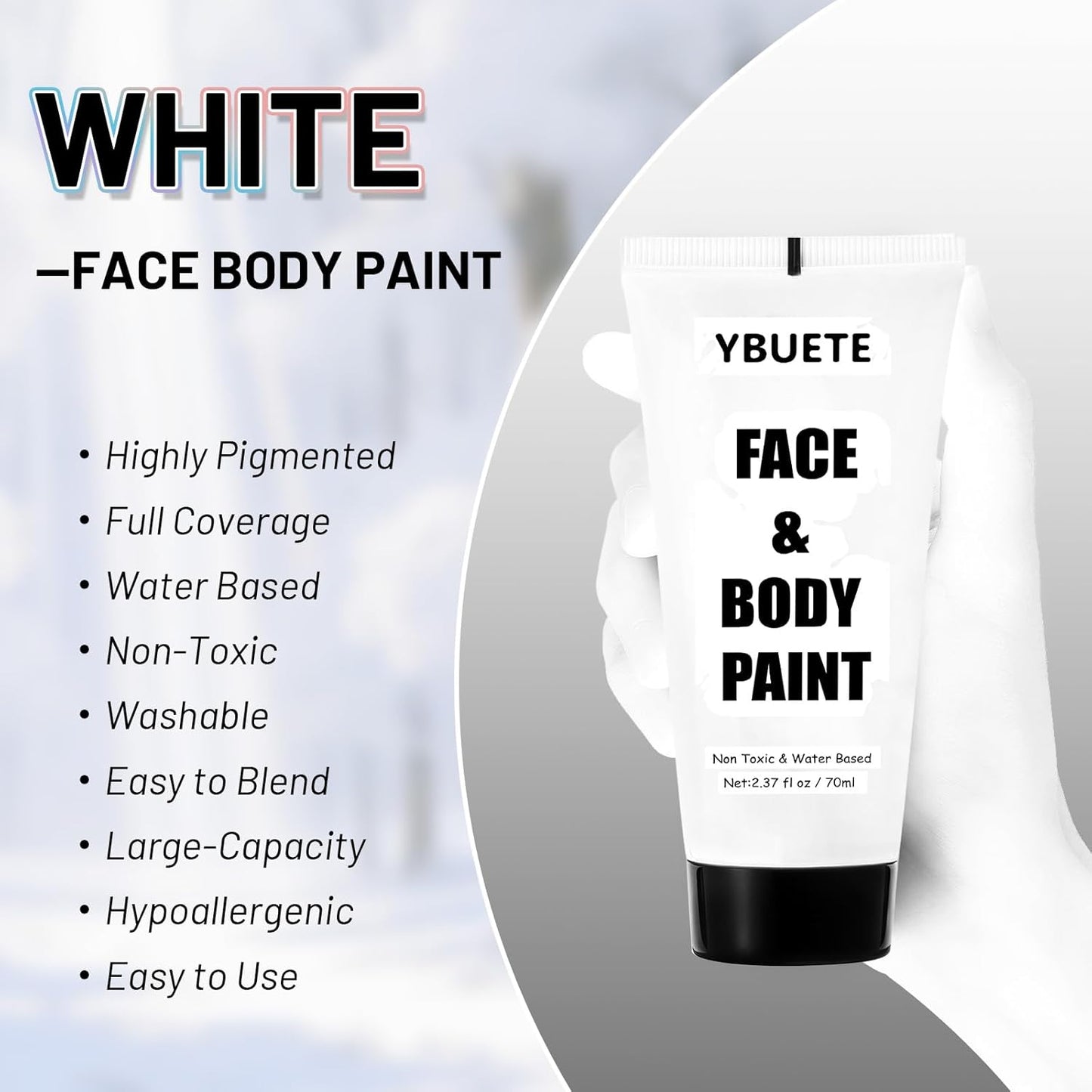 White Water Based Face Body Paint, 2.37 OZ Washable Large Tube Full Coverage Face Paint Cream for Adult Carnival Cosplay Halloween SFX Skull Joker Zombie Vampire Skeleton Goth Makeup