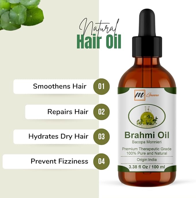 Natural Brahmi Oil 3.38 Fl Oz / 100 ml for Skin Care, Hair Care, Scalp Massage & Body Massage