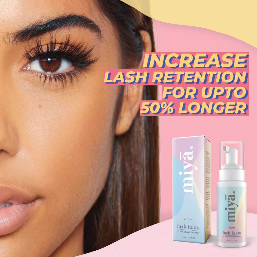 Eyelash Extension Cleanser + Rose Gold Mascara Wand & Brush | Eyelid Cleanser | Lash Bath | Paraben & Sulfate Free Makeup Remover Lash Cleanser for Extensions | Salon & Home | Miya Lash Shampoo 50ml