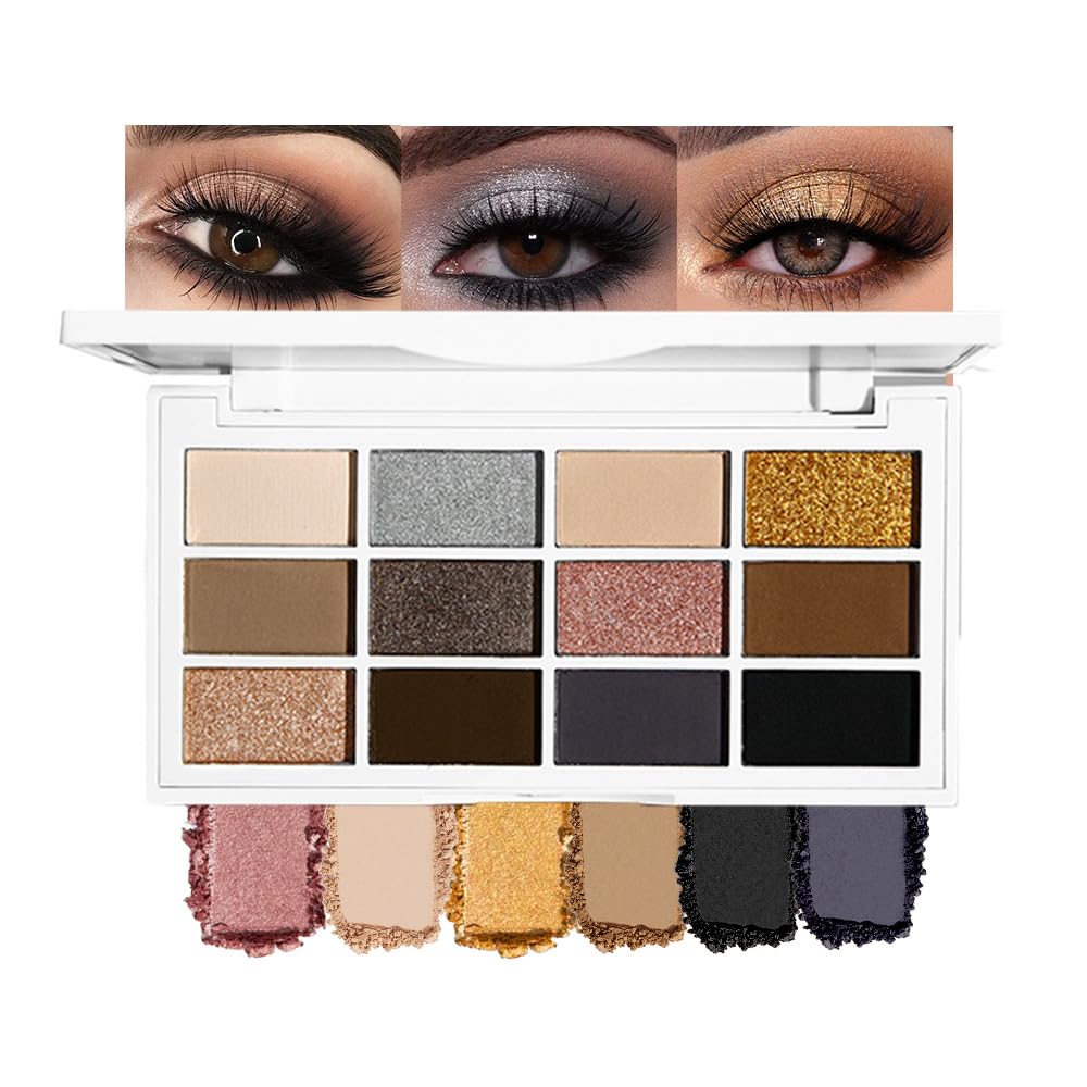 12 Colors Matte Shimmer Pressed Eye Shadow Palette - Beige Light Nude Brown Cocoa Taupe Black Smoky, Silver Bronze Gold Rose Champagne, Vegan Cruelty-Free, for Women Pro Makeup Looks