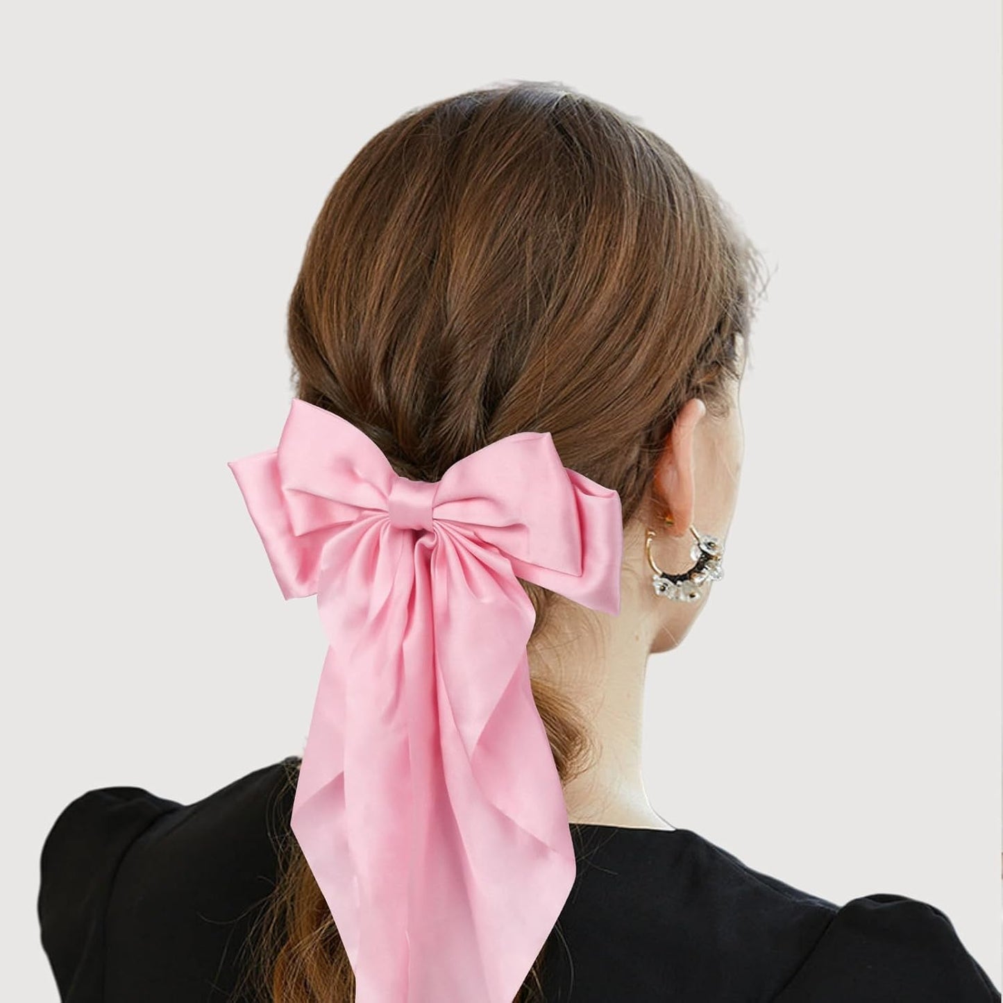 Silky Satin Hair Bows for Women Girls - 4PCS Ribbon Bows for Hair, Big Bow Hair Clips with Long Tail, Barrettes - Cute Hair Accessories Gifts (Hot Pink, Pink, White, Black)