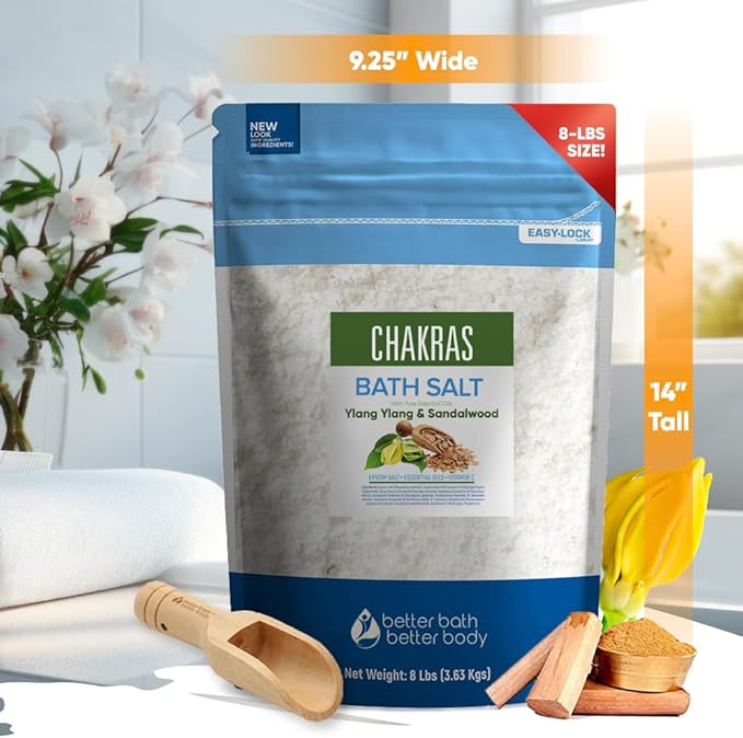 Chakras Bath Salt 128 Ounces (8 Lbs) Epsom Salt with Natural Ylang Ylang and Sandalwood Essential Oils Plus Vitamin C in BPA Free Pouch with Easy Press Lock Seal Made in USA