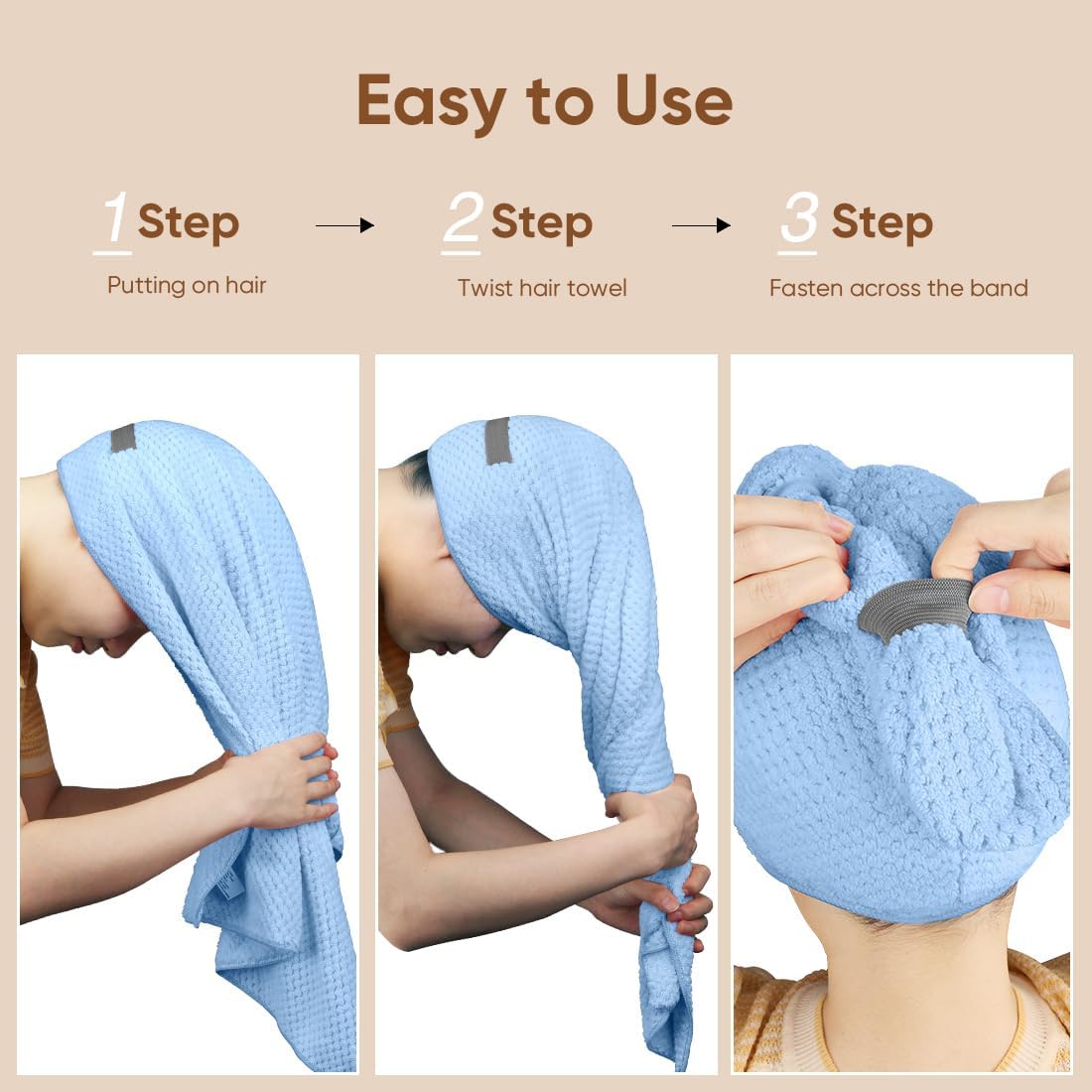 HOMEXCEL Blue Microfiber Hair Towels 5 Pack- 40 x 20 inches Super Soft, Fast Drying Turbans for Long, Thick, Curly Hair - Anti Frizz Wrap with Elastic Strap, Blue/Pink/Grey