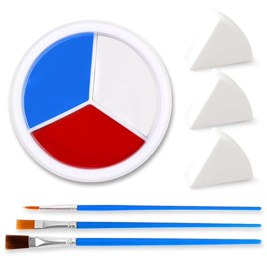 3 Colors Face Body Paint [Blue White Red] + 3pc Sponge + 3pc Brush, USA Themed Accessories Flag Color Eye Black for Sport, Face Paint Halloween Makeup Kit for Clown Vampire Joker Makeup