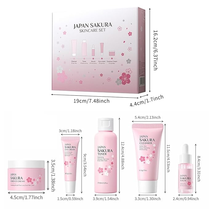 Skin Care Sets for Teenage Girls JAPAN SAKURA Women Beauty Gift Sets Skincare Kit with Cleanser, Toner, Serum, Eye Cream, Face Cream Travel Pamper Sets for Women Gifts,Skin Care Sets & Kits