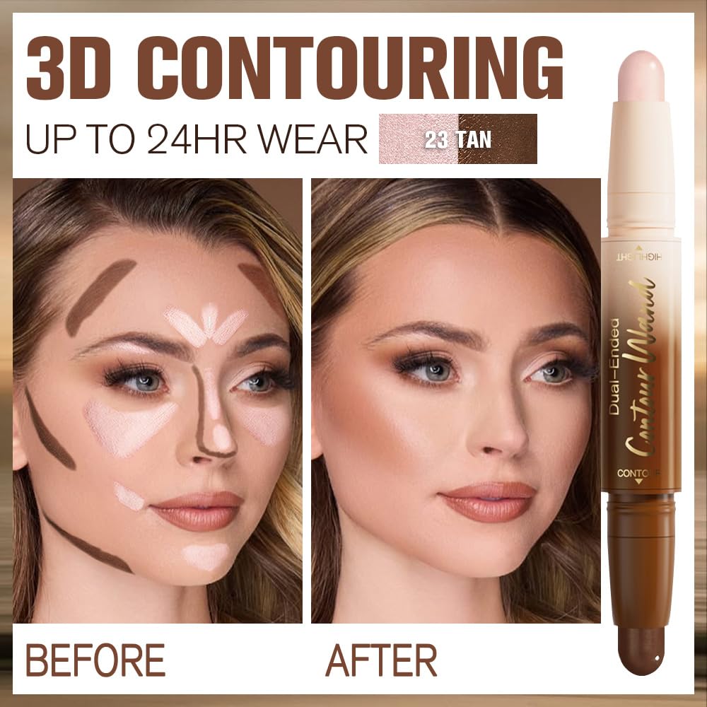 2Pcs Contour Stick Dual Ended Face Body Makeup Waterproof no Transfer, 2 in 1 Cream Concealer Stick Contouring Makeup Kit, Nose Contour Bronzer Sticks Face Highlighter Make up 21#+23#