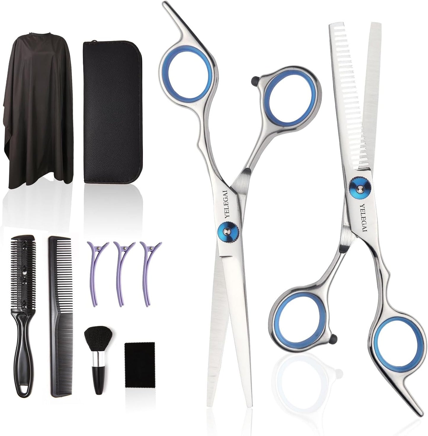 Haircut Scissors Kit, 11 Pcs Professional Set - Haircut, Thinning Scissors, Neck Duster Brush, Comb, Barber Cape, Hair Clips, Hairdressing Shears for Barber and Home