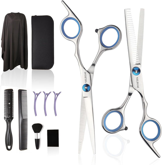 Haircut Scissors Kit, 11 Pcs Professional Set - Haircut, Thinning Scissors, Neck Duster Brush, Comb, Barber Cape, Hair Clips, Hairdressing Shears for Barber and Home