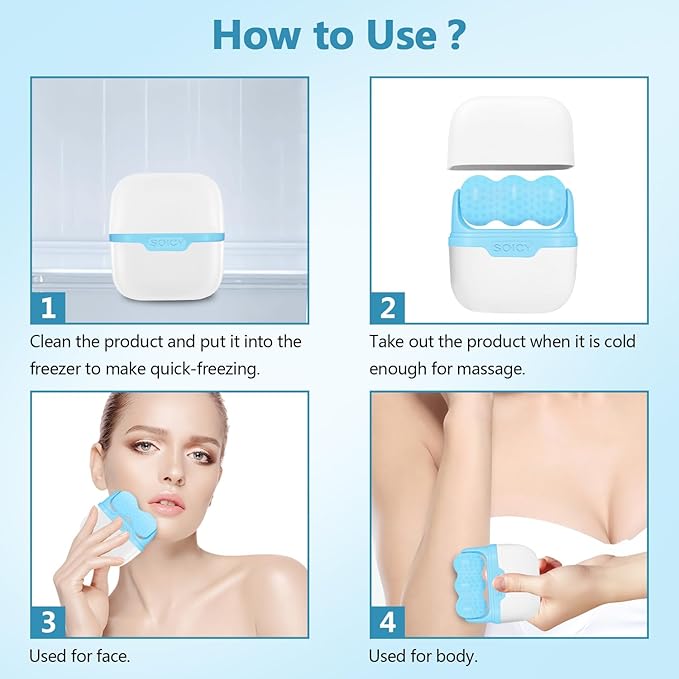 Ice Roller for Face, Double Ended Facial Ice Roller with Travel Case, Facial Skin Care Tools with 2 in 1 Roller, Cryotherapy Ice Roller Massager to Relieve Migraine Pain, Eye Puffiness, Redness, Pain