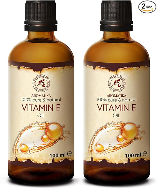 Vitamin Oil E 200ml - Tocopherol - 100% Natural & Pure - Rich in Vitamin E - Anti Aging Oil Against Wrinkles of All Kinds - Care for Face - Body Care - Hair - Ideal for Sensitive Skin, 2 bottles of 100 ml